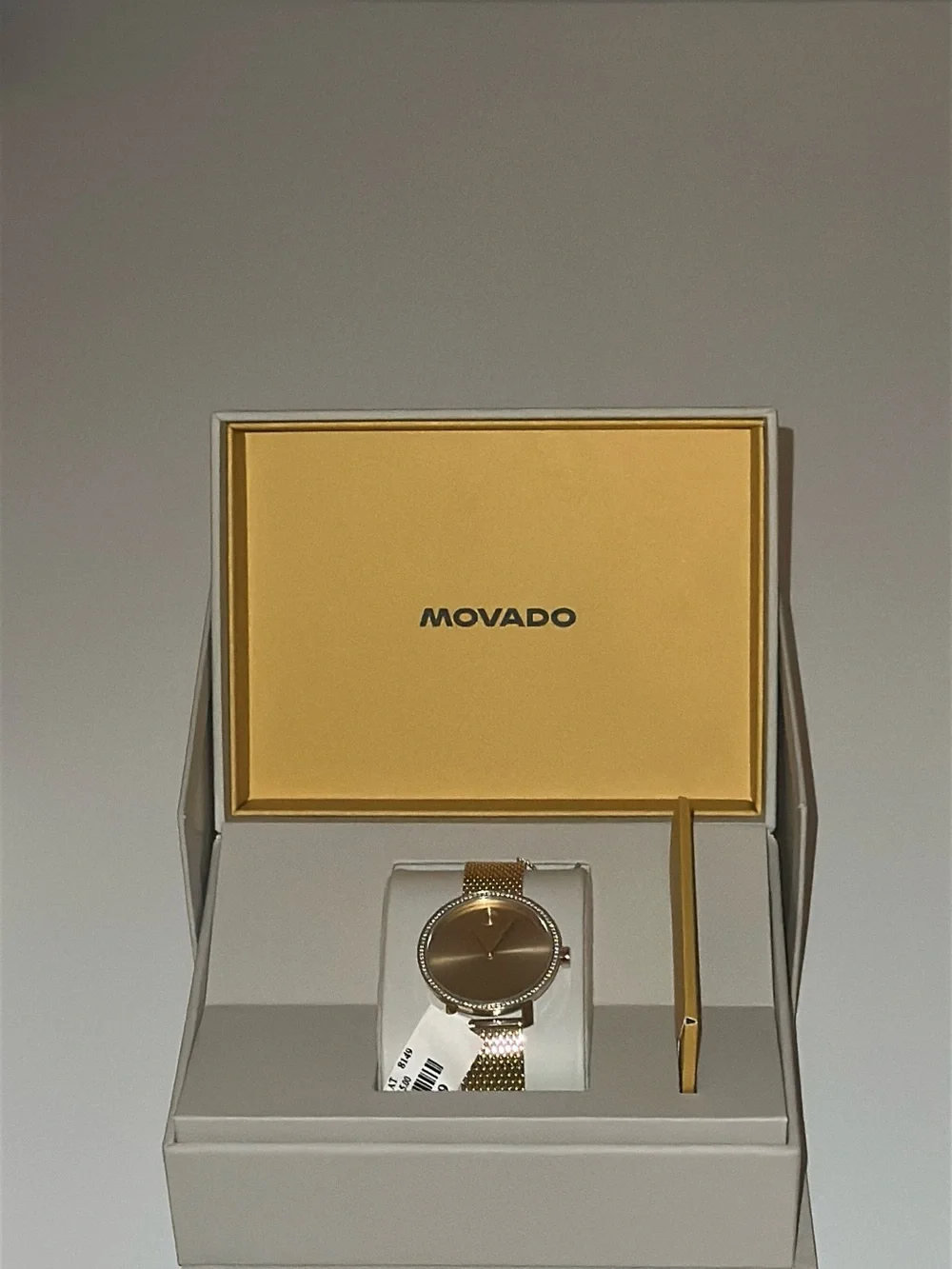 Movado Gold Dial Watch with Crystal Bezel and Mesh Bracelet